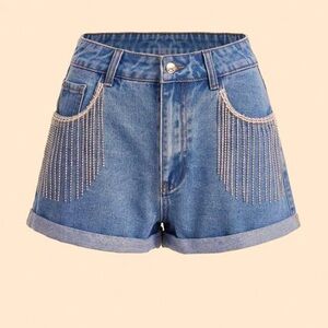 Size Large Shein denim rhinestone fringe shorts.